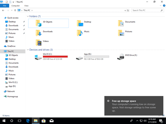 Low disk space Win10